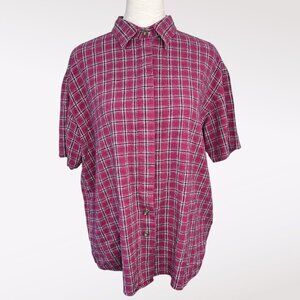 Vintage Raw Silk Plaid Shirt Pink Medium